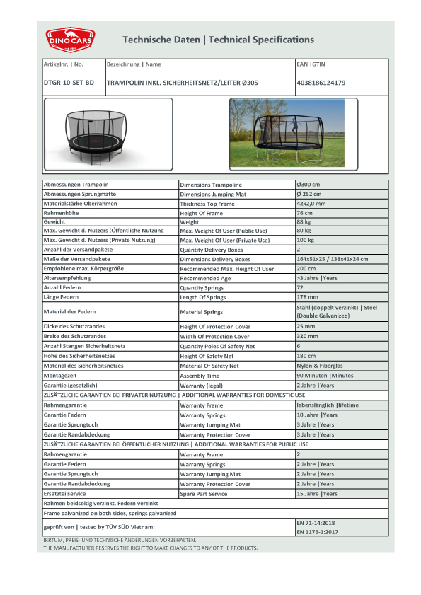 Dino Cars Trampolin inkl. Sicherheitsnetz/Leiter 305 cm