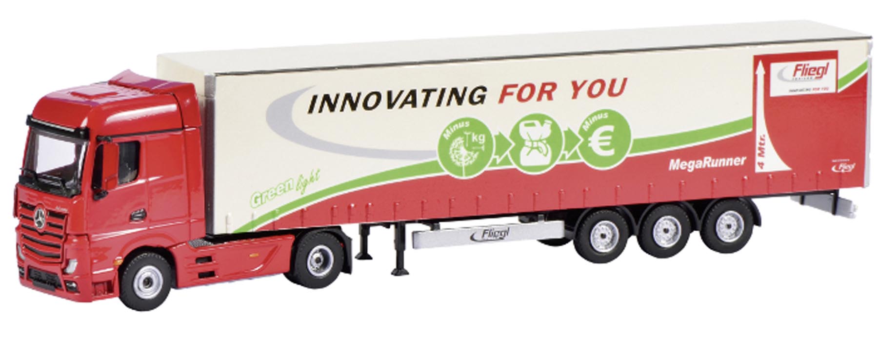 Mercedes Benz Actros mit Gardinensattel „Fliegl“ Modell von Schuco 1:87