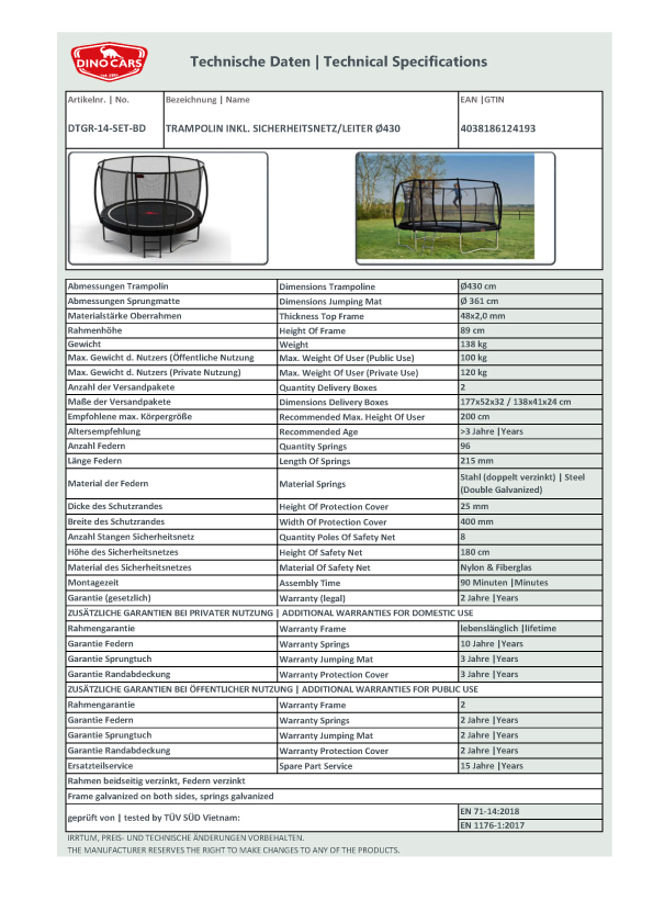Dino Cars Trampolin inkl. Sicherheitsnetz/Leiter 430 cm