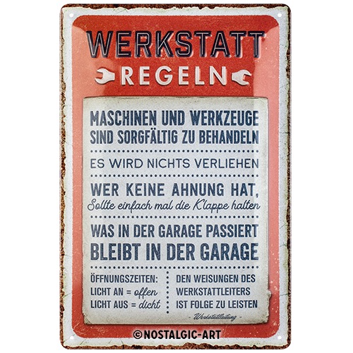 Werkstatt Regeln Blechschild 20 x 30 cm