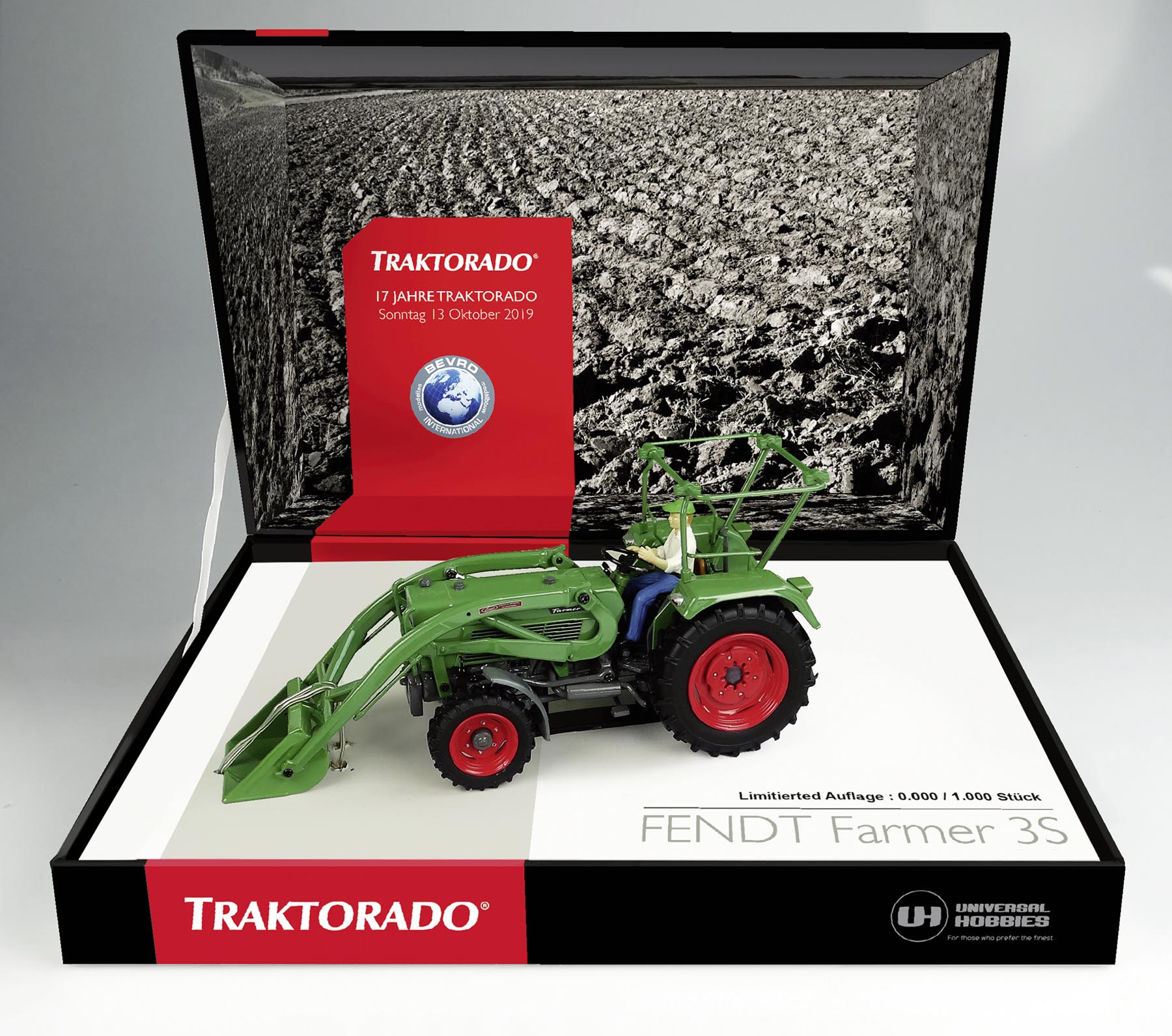 Fendt Farmer 3S 4WD mit Frontlader und Überrollbügel Limited Edition Traktorado 2019 Modell von Universal Hobbies 1:32