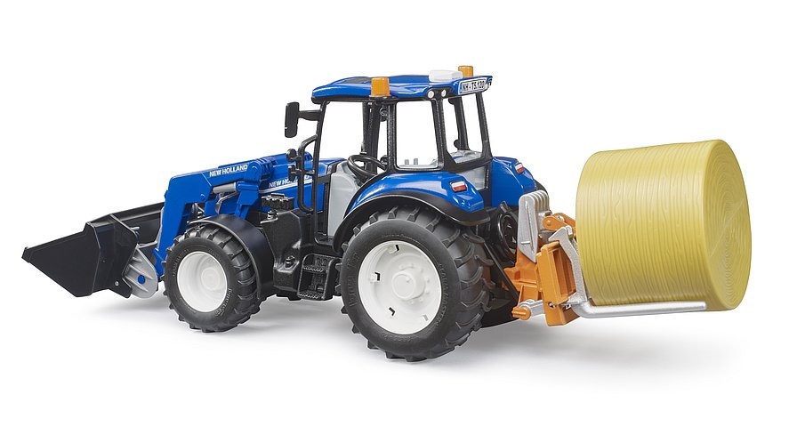 New Holland T5.120 mit Frontlader, Ladekasten, Gabeln und 1 Rundballen