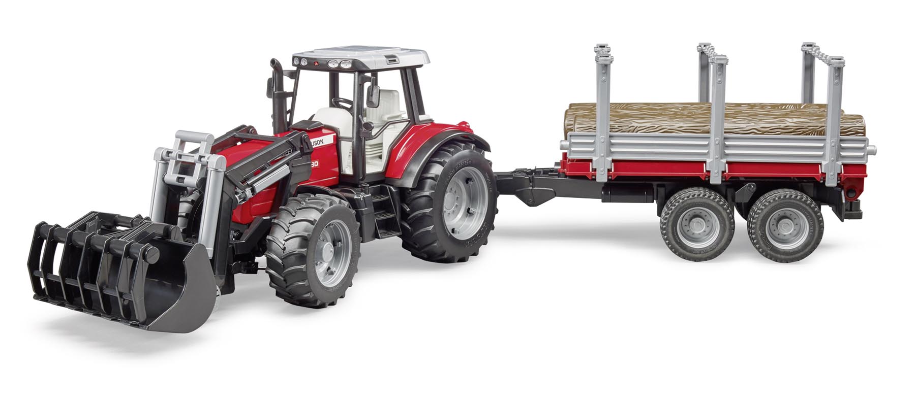 Massey Ferguson 7480 mit Frontlader und Holztransportanhänger mit 3 Baumstämmen Modell von Bruder
