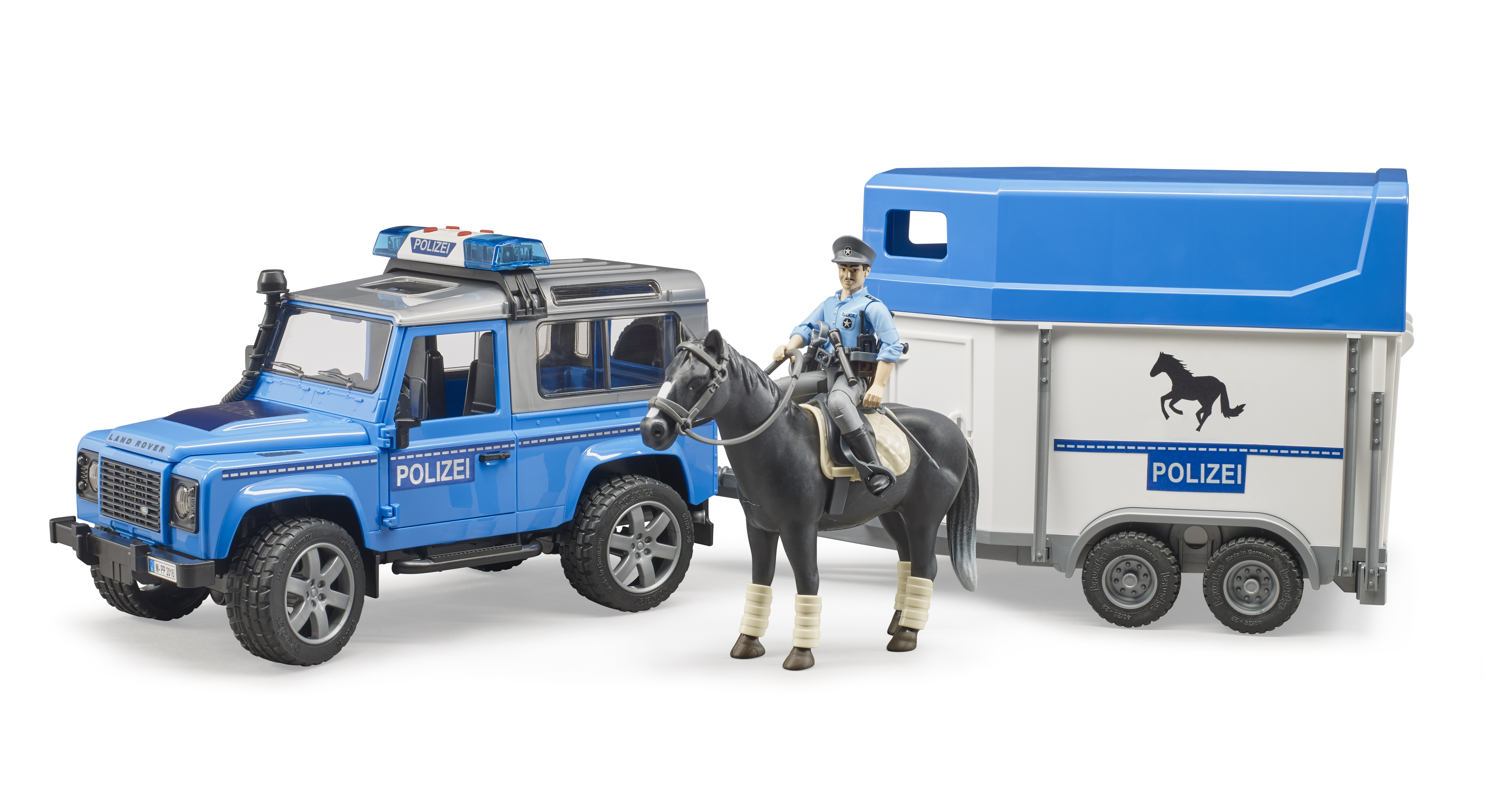 Land Rover Defender Polizeifahrzeug mit Pferdeanhänger, Pferd und Polizist Modell von Bruder 1:16