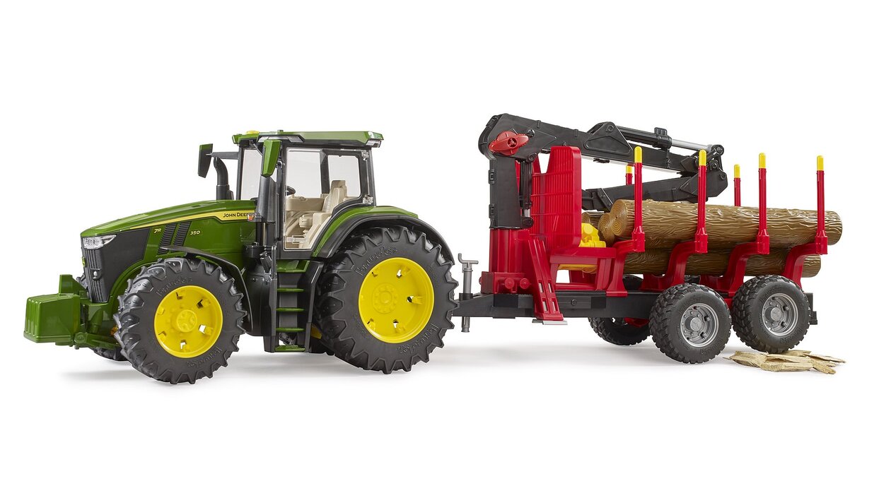 John Deere 7R 350 mit Rückeanhänger und 4 Baumstämmen