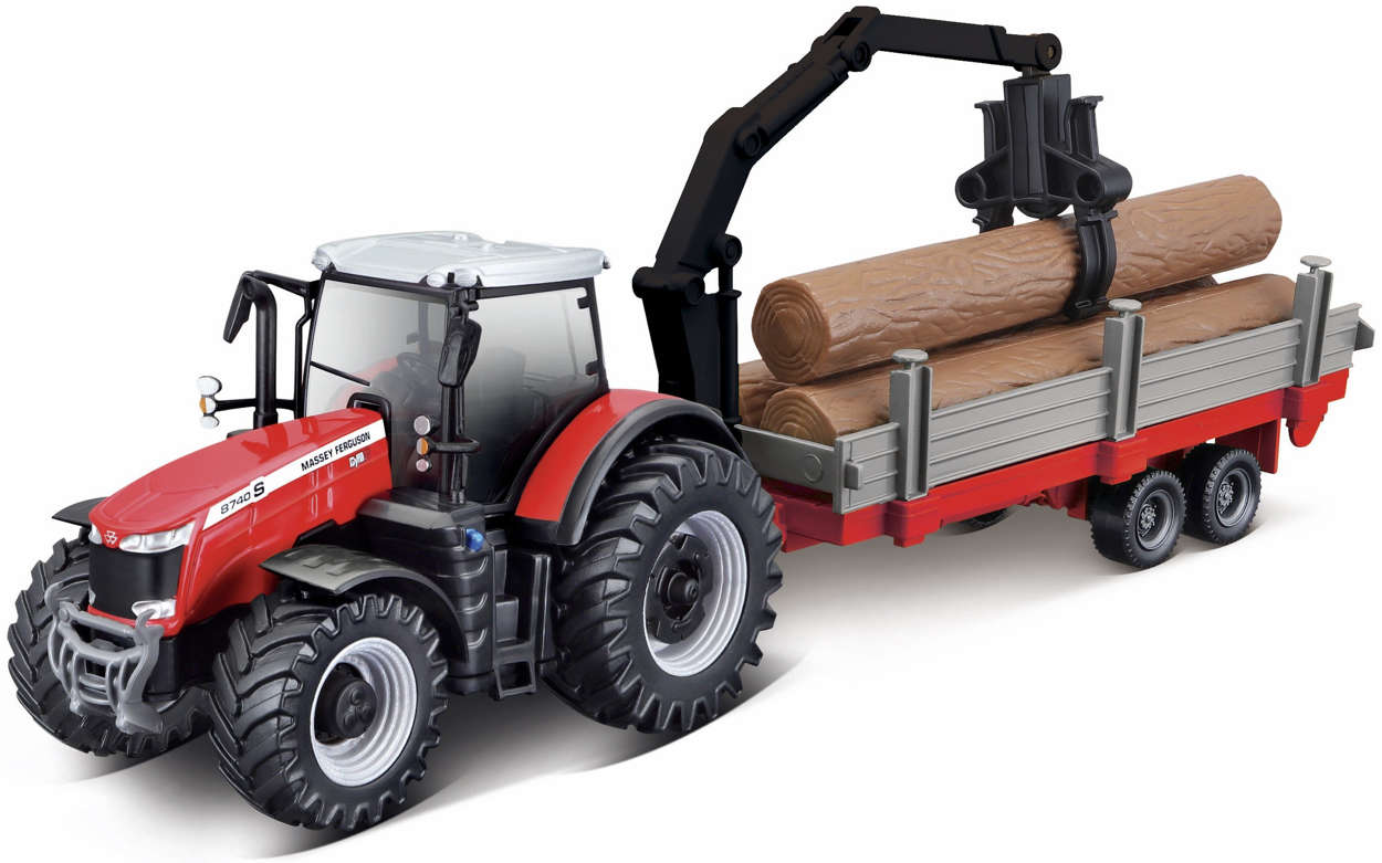 Massey Ferguson 8740 S mit Rückeanhänger und Kran Modell von bburago