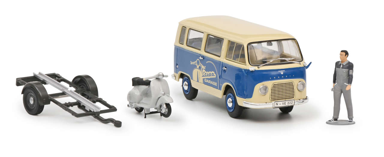Ford FK 1000 Bus mit Vespa GS und Figur Modell von Schuco 1:43