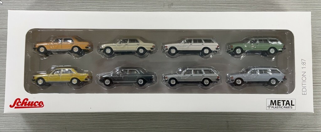 Mercedes-Benz W123 Warenladungs Set 8 Autos Modell von Schuco 1:87