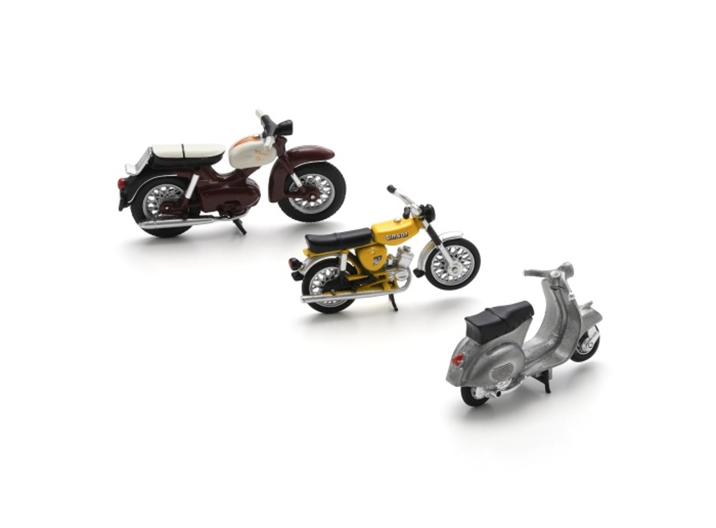 Motorräder-Set mit Kreidler Florett Super, Vespa GS, Simson S51 Modell von Schuco 1:43
