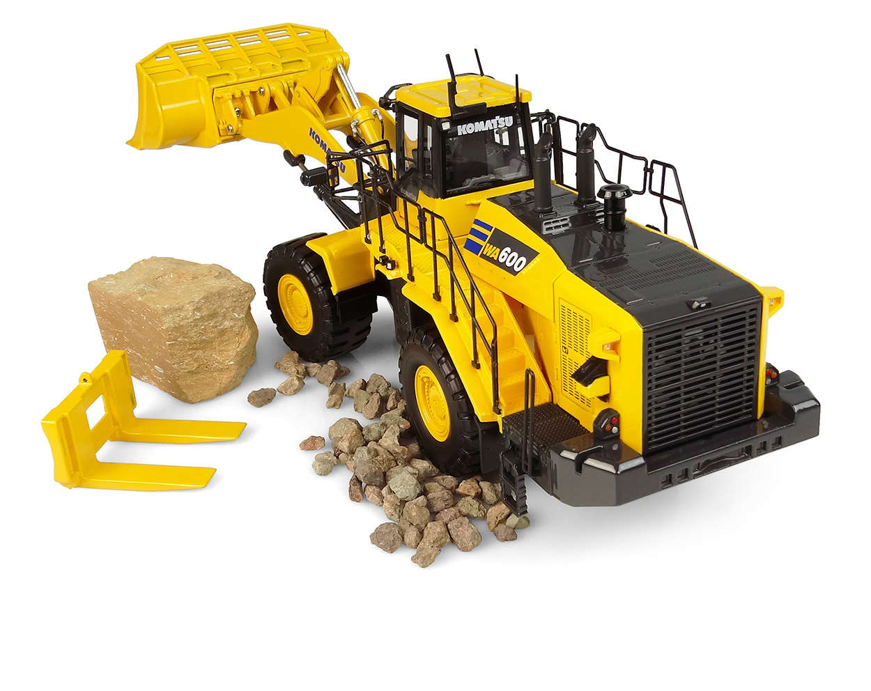 Komatsu WA600-8 mit Schaufel und Palettengabel Steinlader Modell von Universal Hobbies 1:50