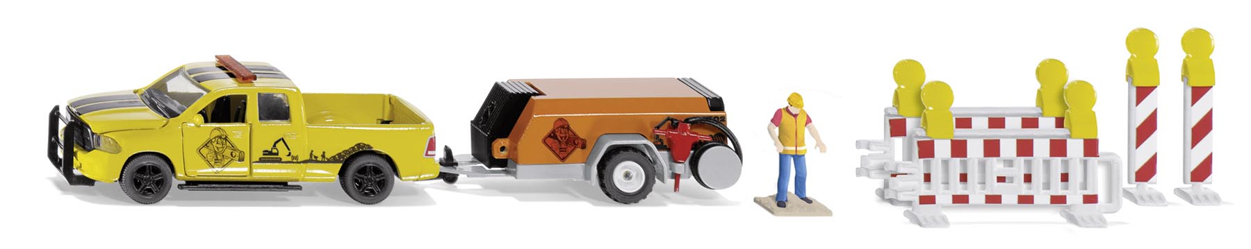 RAM 1500 mit Kompressoranhänger 1 Figur 2 Warnbaken 2 Absperrgitter Modell von Siku 1:50