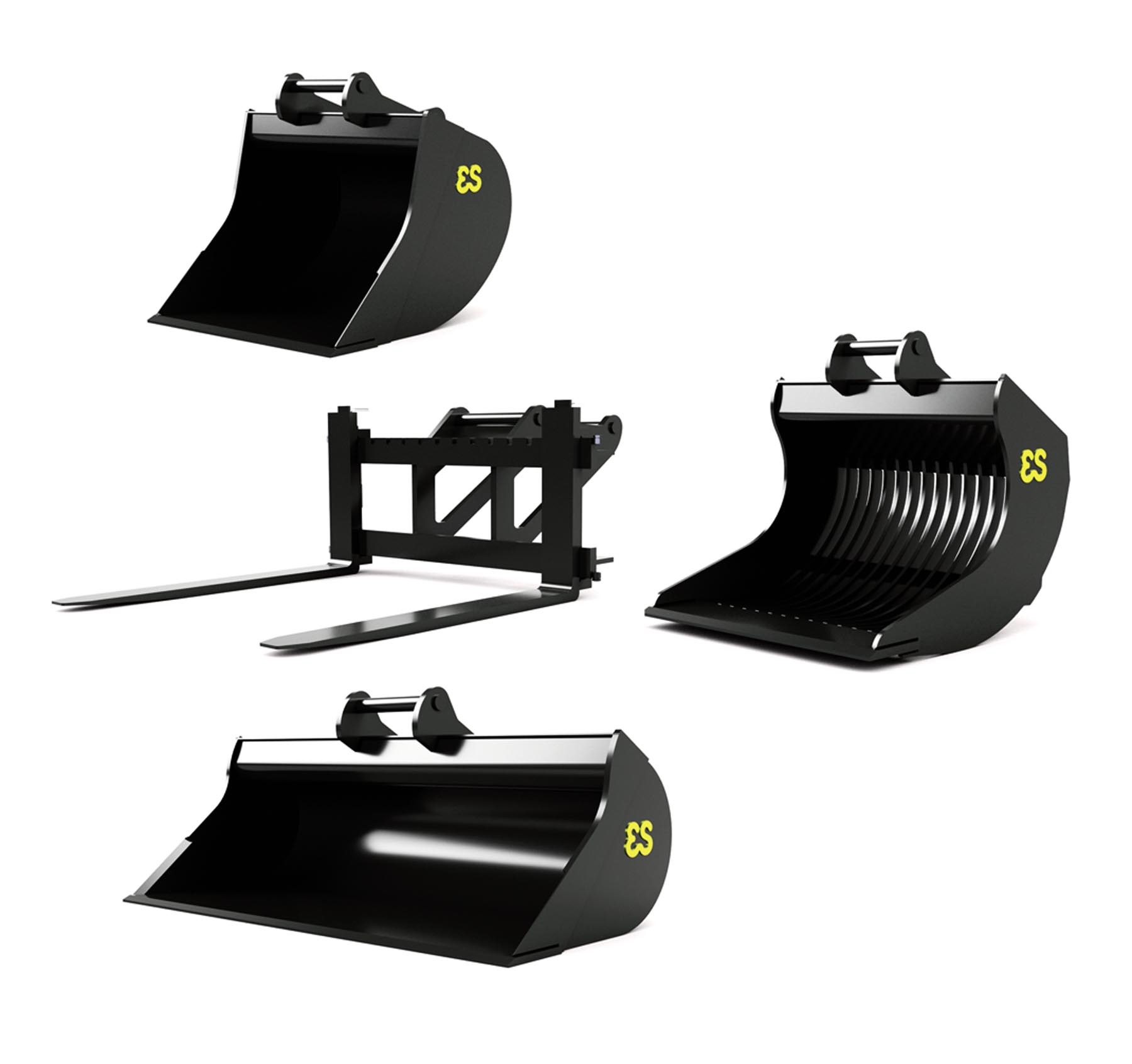 Eurosteel Anbauwerkzeugsatz: 3 Baggerschaufeln, 1 Gabel für Radlader Modell von AT Collections 1:32