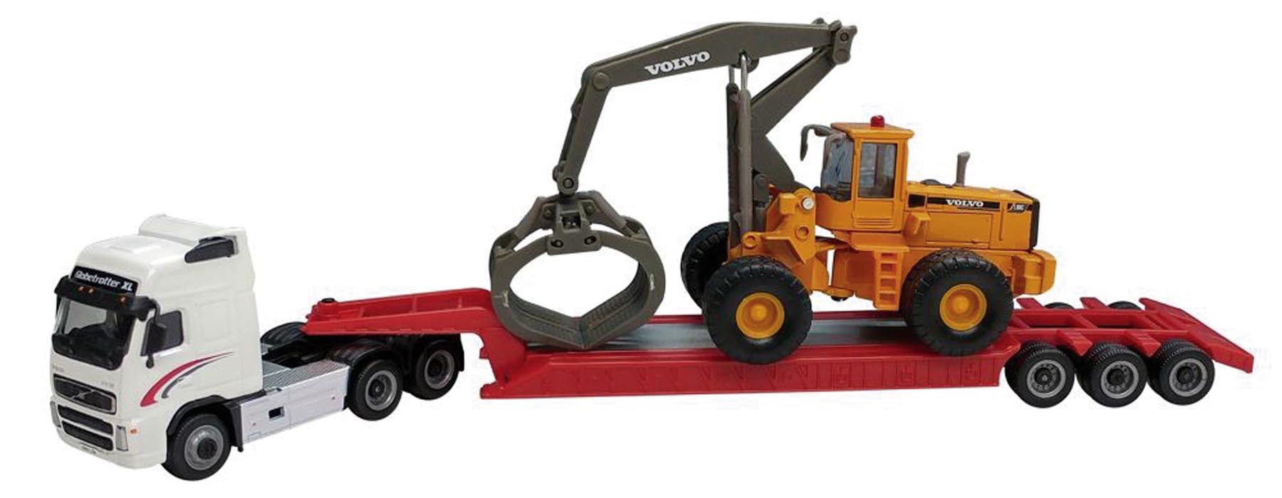 Volvo FH12 mit Tieflader und Volvo L180C mit Rundholzgreifer Modell von Oxford 1:87