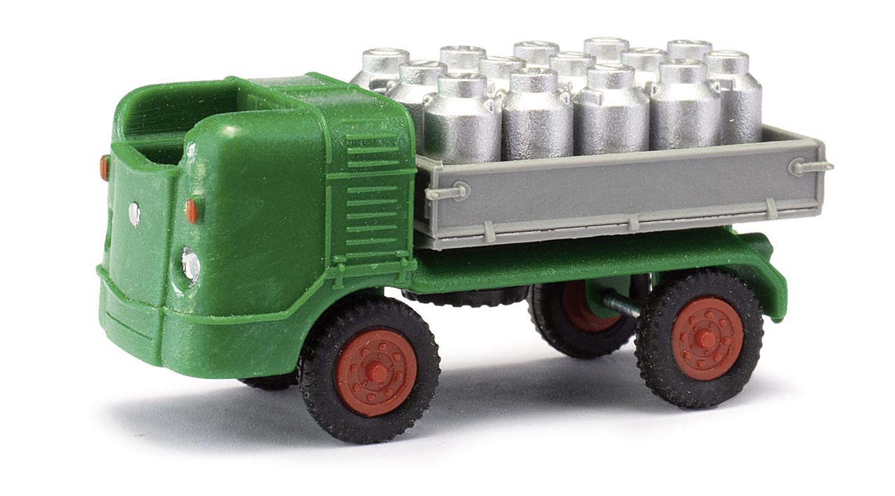 Multicar M21 mit Milchkannen grün Modell von Mehlhose 1:87