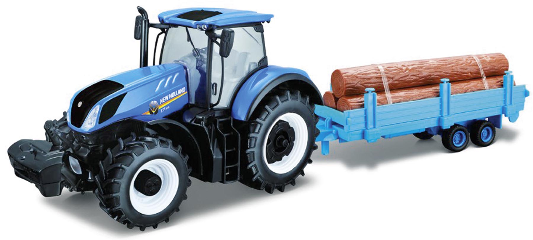 New Holland T7.315 Traktor mit Forstanhänger und Baumstämmen Modell von bburago 1:32