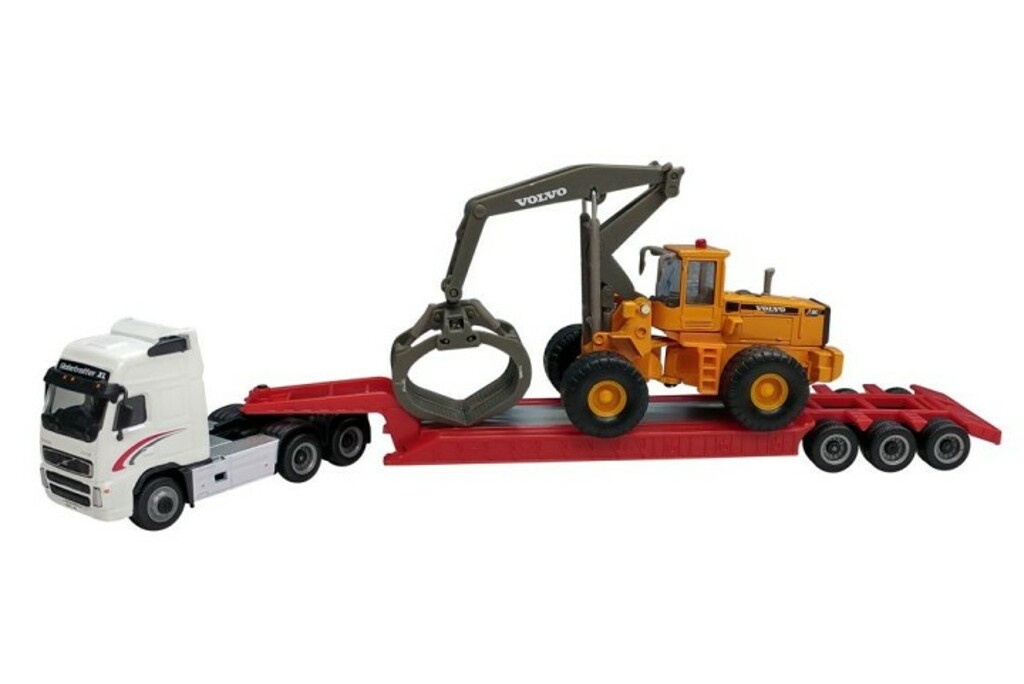 Volvo FH12 mit Tieflader und Volvo L180C mit Rundholzgreifer-1