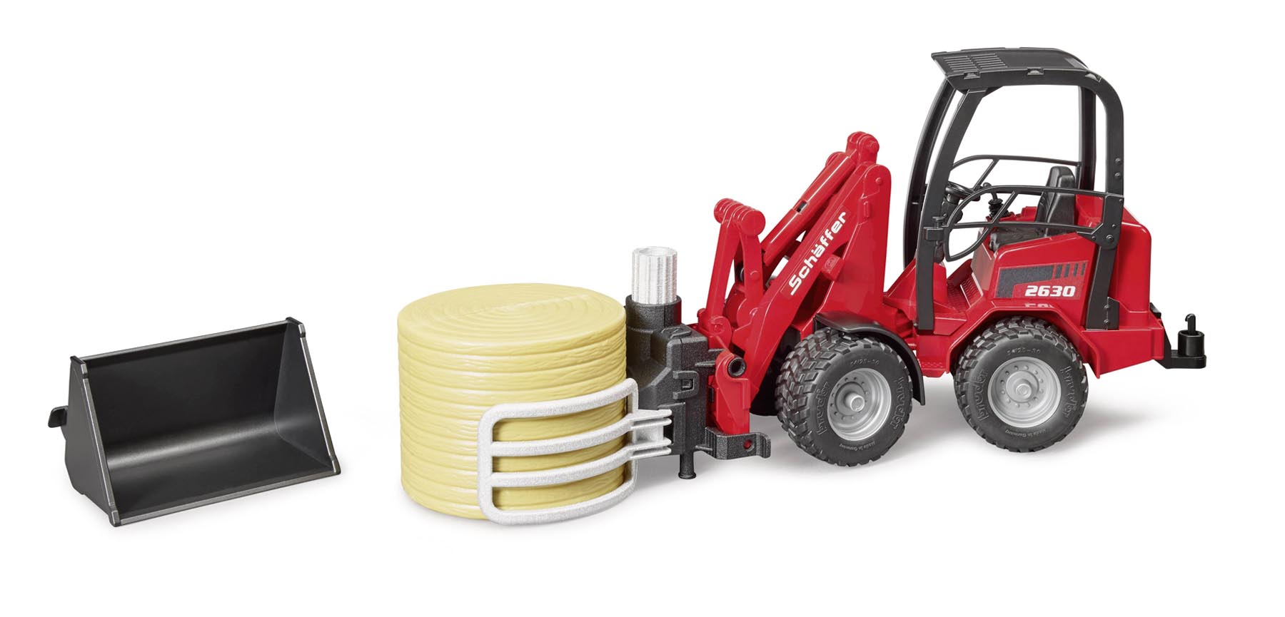 Schäffer Hoflader 2034 mit Ballengreifzange und 1 Rundballen Modell von Bruder 1:16