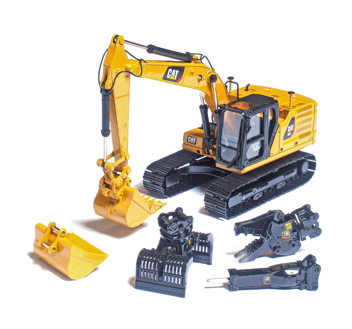 CAT 323 Hydraulikbagger mit 4 Arbeitswerzeugen der nächsten Generation Modell von DieCast Masters 1:50