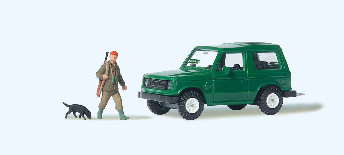 Jäger mit Hund und Geländewagen Modell von Preiser 1:87
