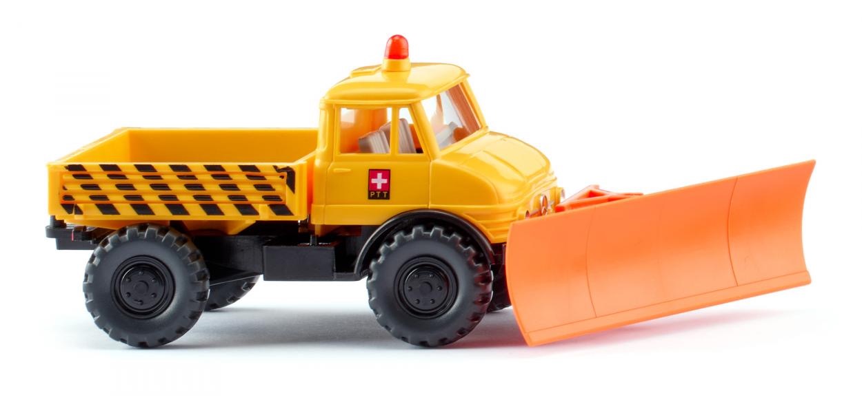 Unimog U 406 mit Schneepflug PTT gelb  Modell von WIKING 1:87
