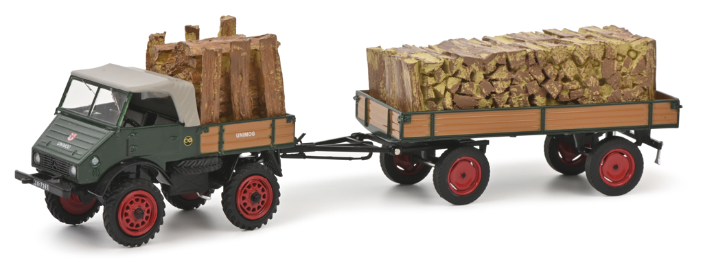 MB Unimog 401 mit Anhänger und Holzladung-1
