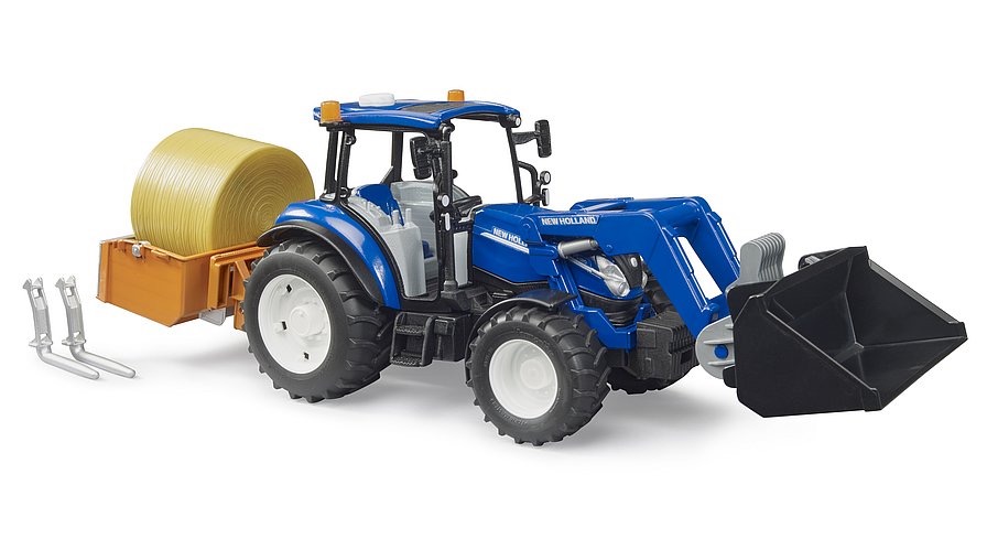 New Holland T5.120 mit Frontlader, Ladekasten, Gabeln und 1 Rundballen