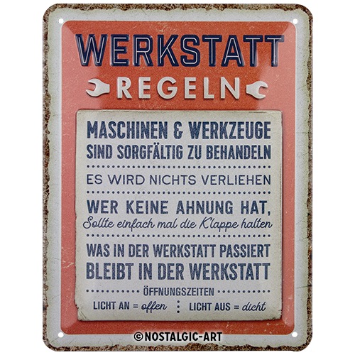 Werkstattregeln Blechschild 15x20 cm