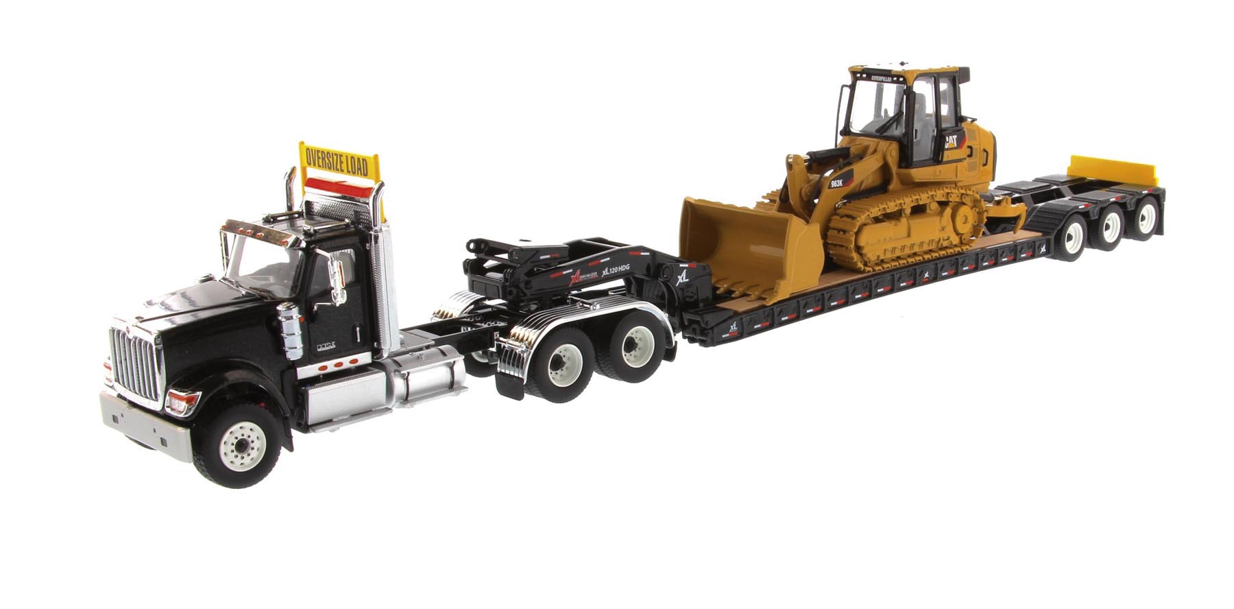 International HX 520 Tieflader und CAT 963K Planierraupe Modell von DieCast Masters 1:50