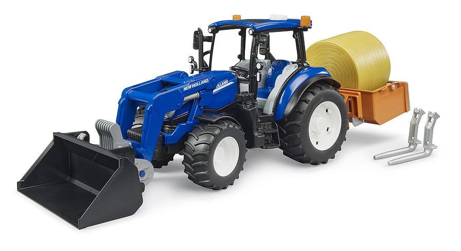 New Holland T5.120 mit Frontlader, Ladekasten, Gabeln und 1 Rundballen