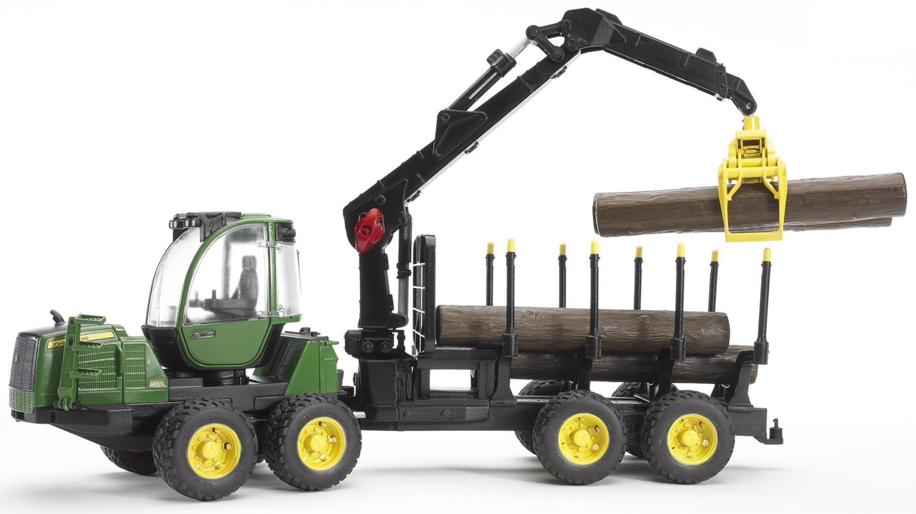 John Deere 1210E Rückezug mit 4 Baumstämmen und Holzgreifer Modell von Bruder 1:16
