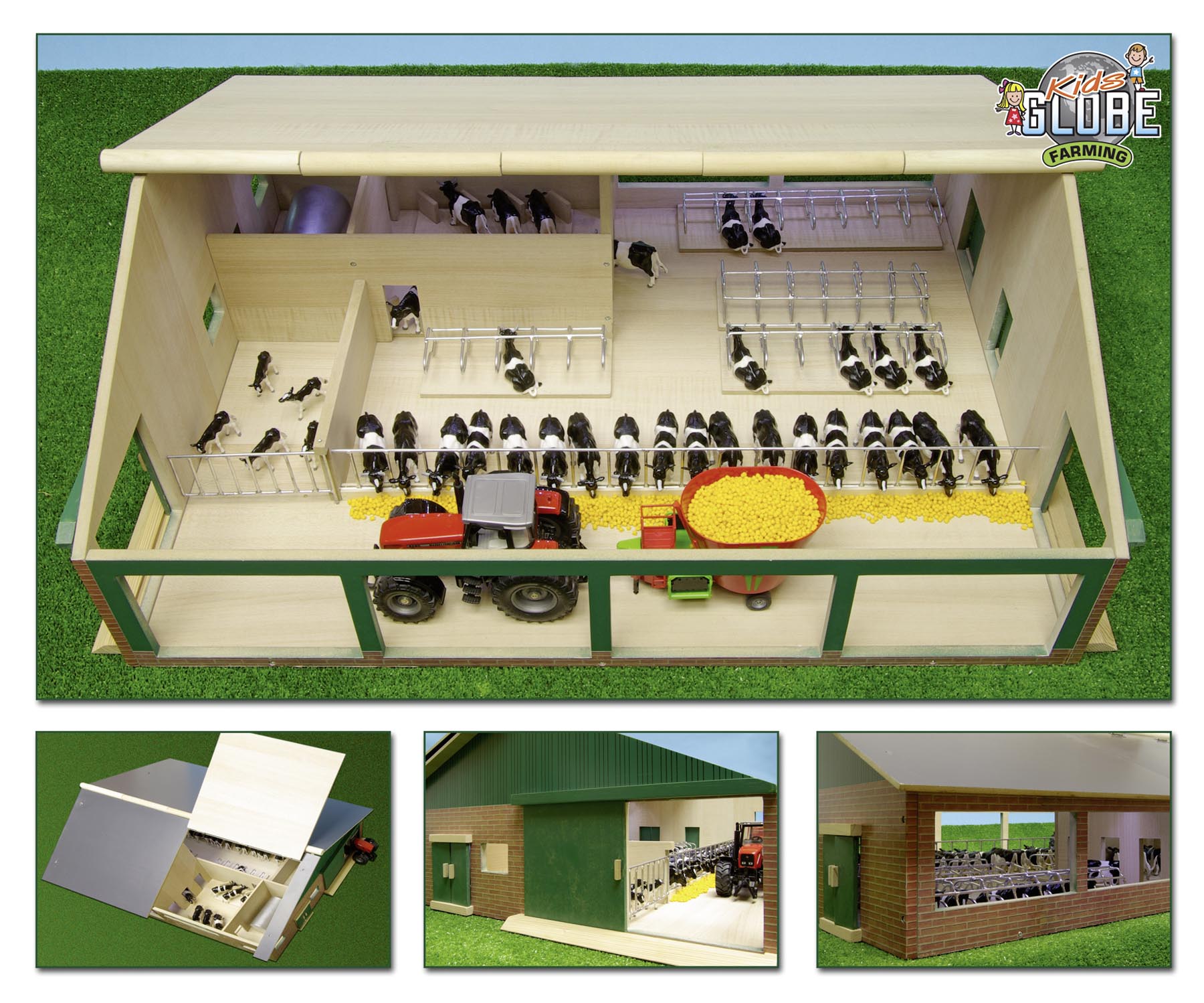 Kuhstall aus Holz mit Melkstand und Liegeboxen Modell von Kids Globe 1:32