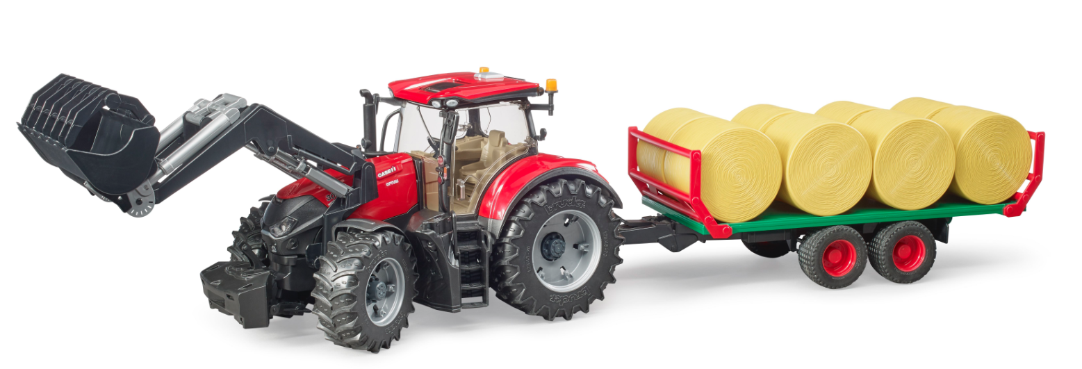 Case IH Optum 300CVX mit Frontlader und Ballentransportanhänger Modell von Bruder 1:16