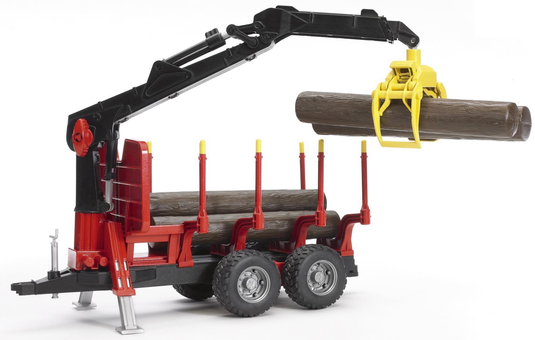 Rückeanhänger mit Ladekran, 4 Baumstämmen und Holzgreifer Modell von Bruder 1:16