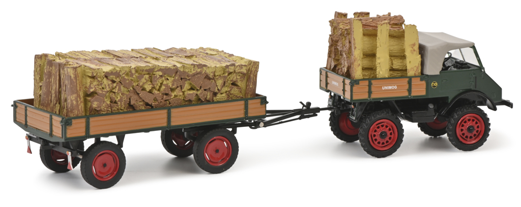 MB Unimog 401 mit Anhänger und Holzladung Modell von Schuco 1:43