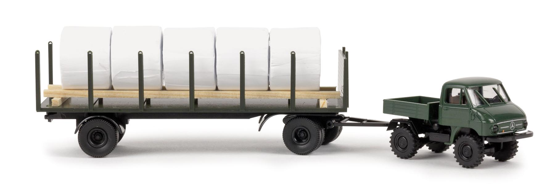 Unimog 411 mit Rungenanhänger u. Heuballen Modell von Brekina 1:87