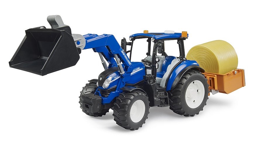 New Holland T5.120 mit Frontlader, Ladekasten, Gabeln und 1 Rundballen