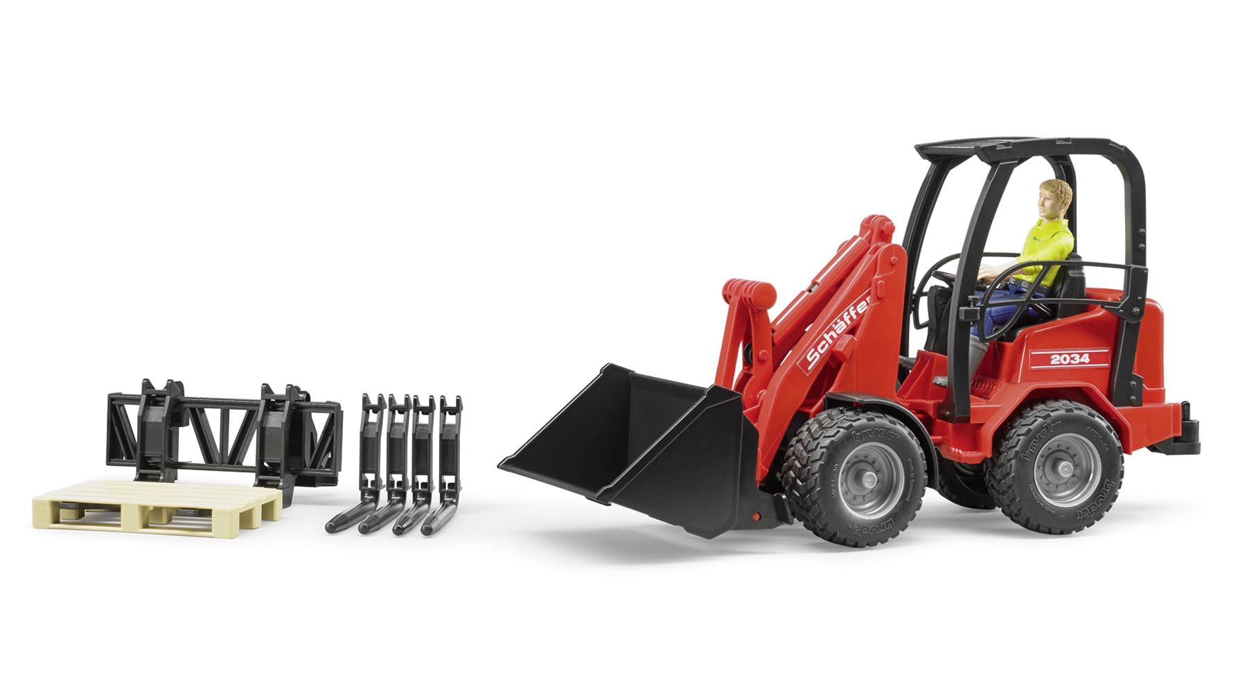 Schäffer Hoflader 2034 mit Figur und Zubehör Modell von Bruder 1:16