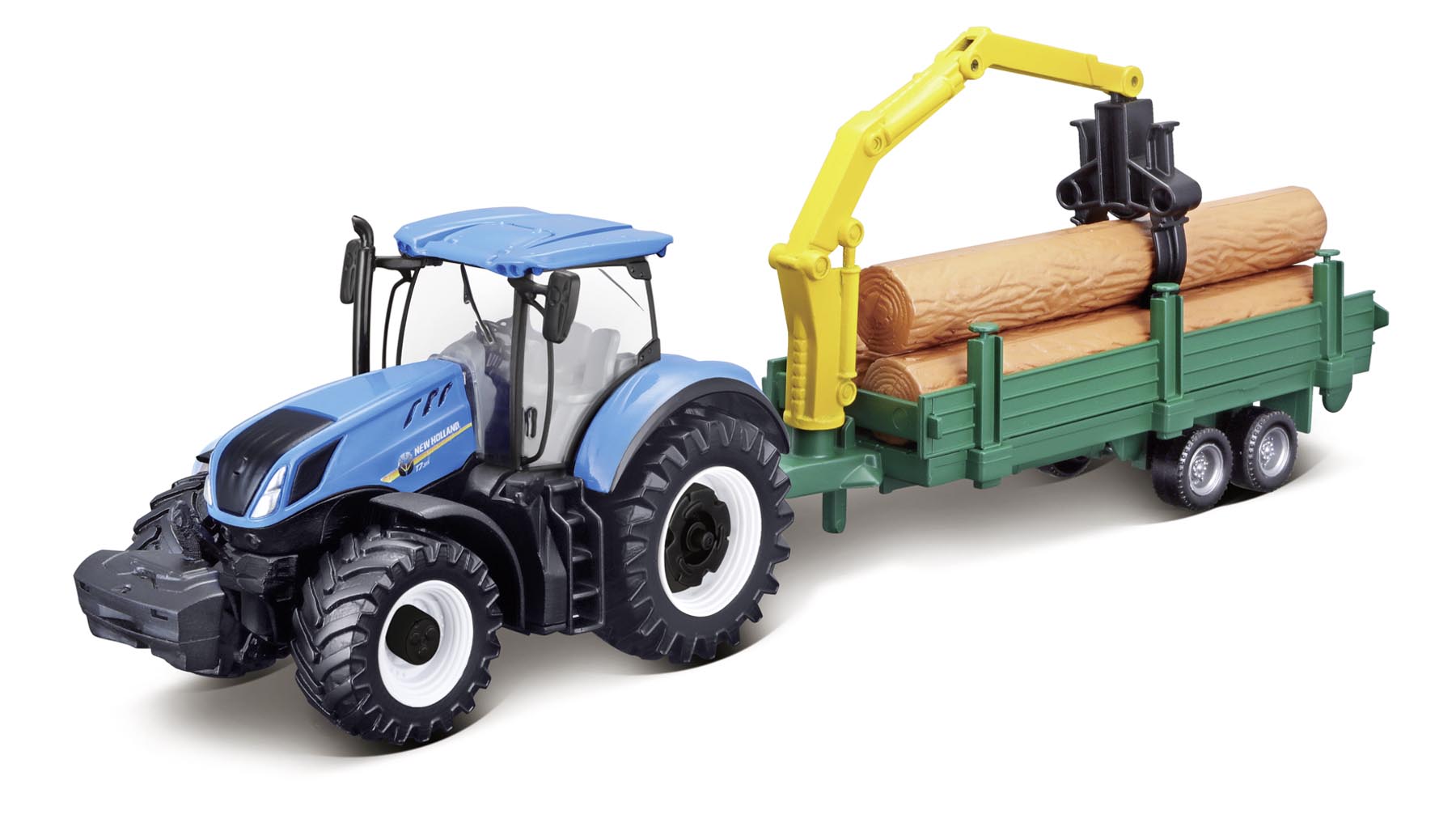 New Holland T7.315 Traktor mit Holzrückeanhänger und Kran Modell von bburago