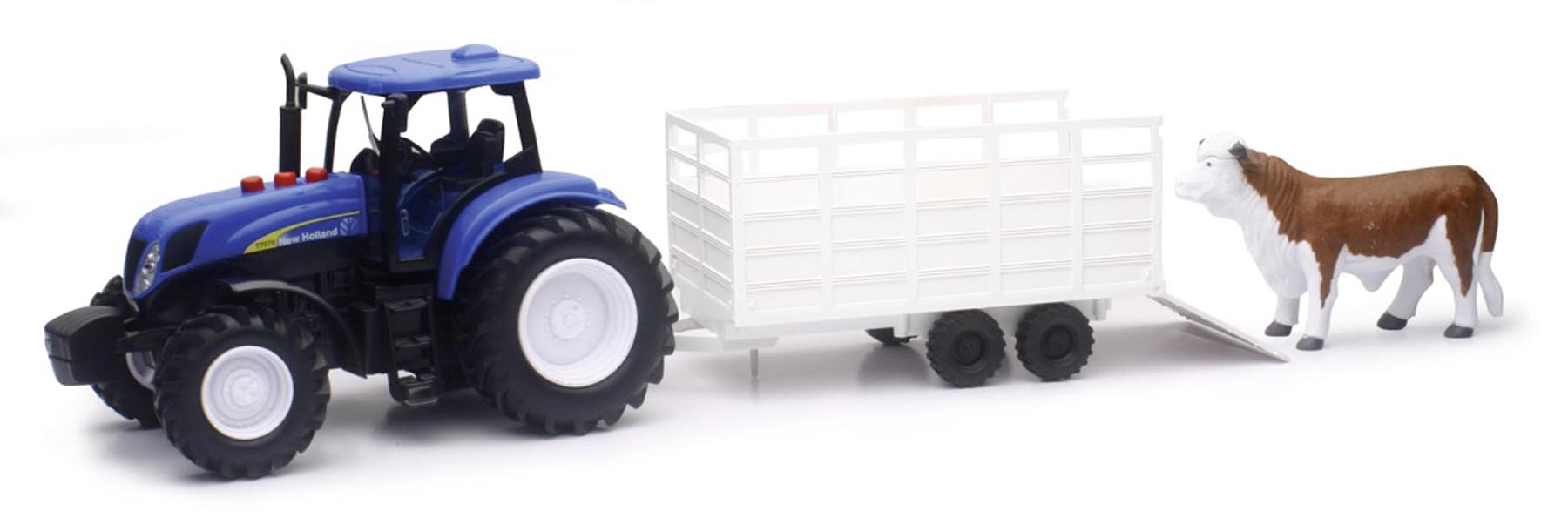 New Holland T7070 Traktor mit Anhänger und Kuh Modell von NewRay 1:24