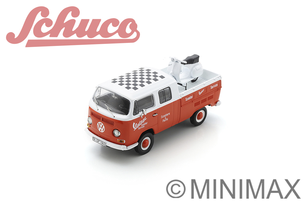 VW T2 DoKa Vintage Scooter Parts mit Vespa GS Modell von Schuco 1:43