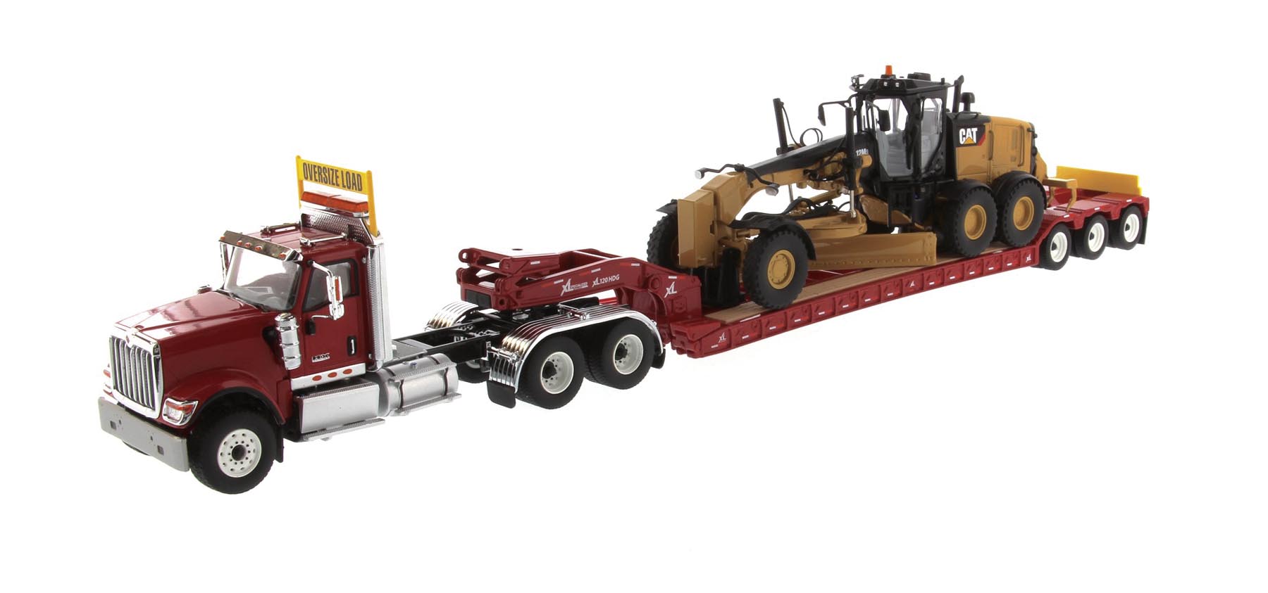 International HX 520 Tieflader und CAT 12M3 Motorgrader Modell von DieCast Masters 1:50