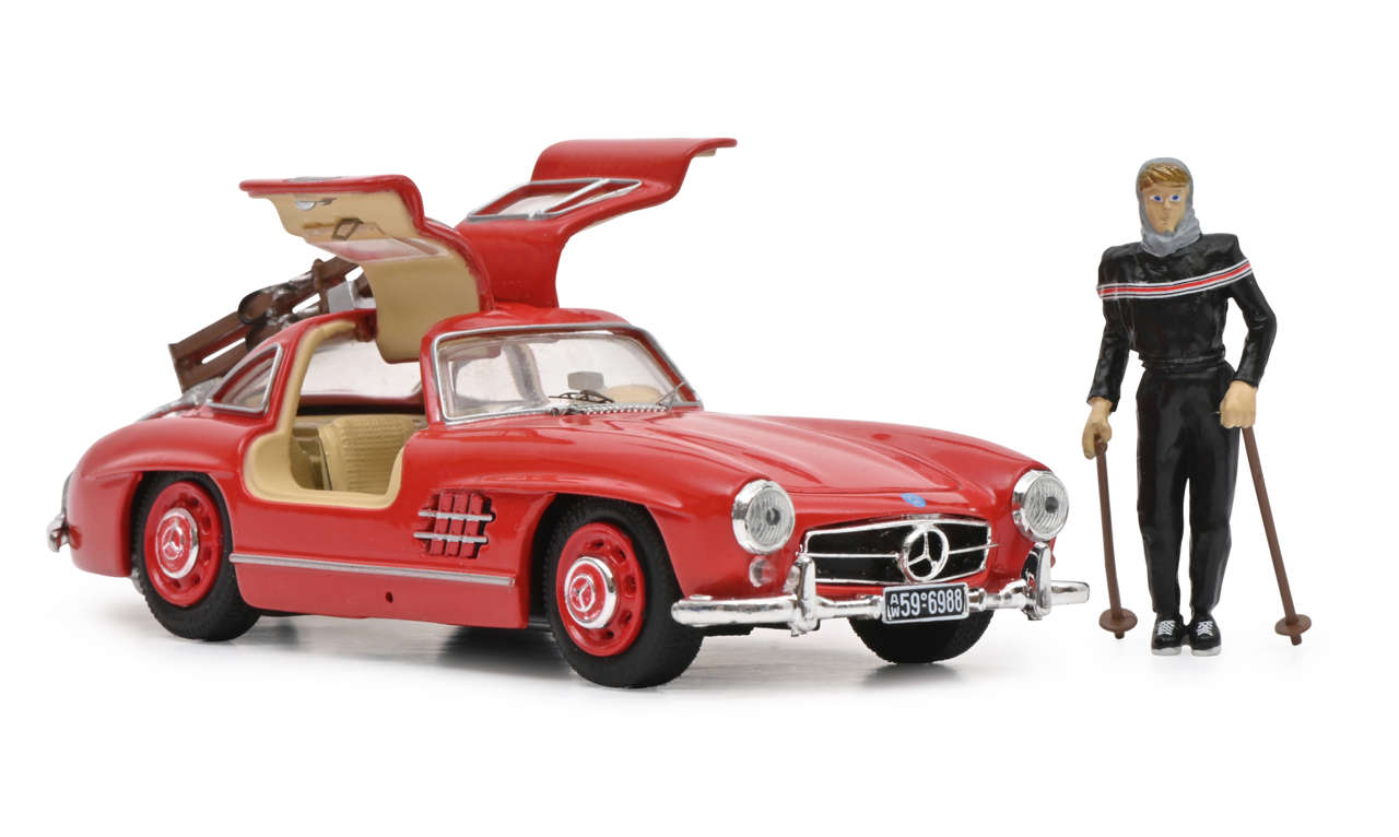MB 300 SL mit Ski und Skifahrerin Modell von Schuco 1:43