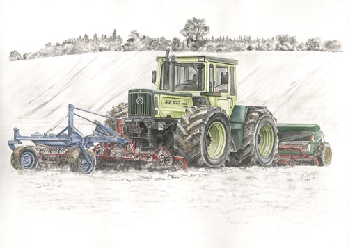 Kunstdruck MB trac 1600 Turbo mit Güttler Saatbeetkombination und Amazone Sämaschine
