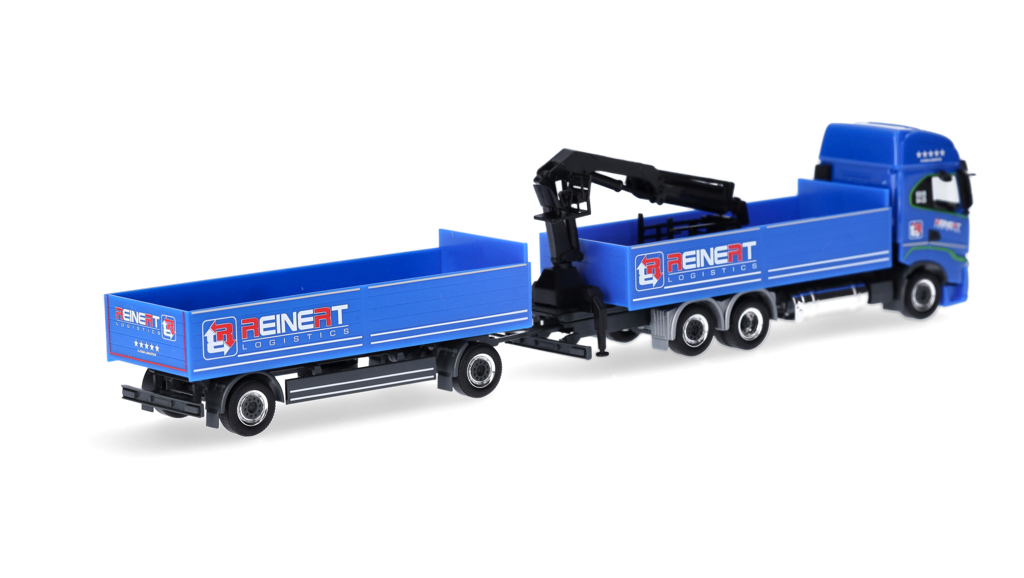 Iveco S-Way LNG Pritschen-Hängerzug mit Ladekran "Reinert Logistic" (Sachsen / Schleife) Modell von herpa 1:87