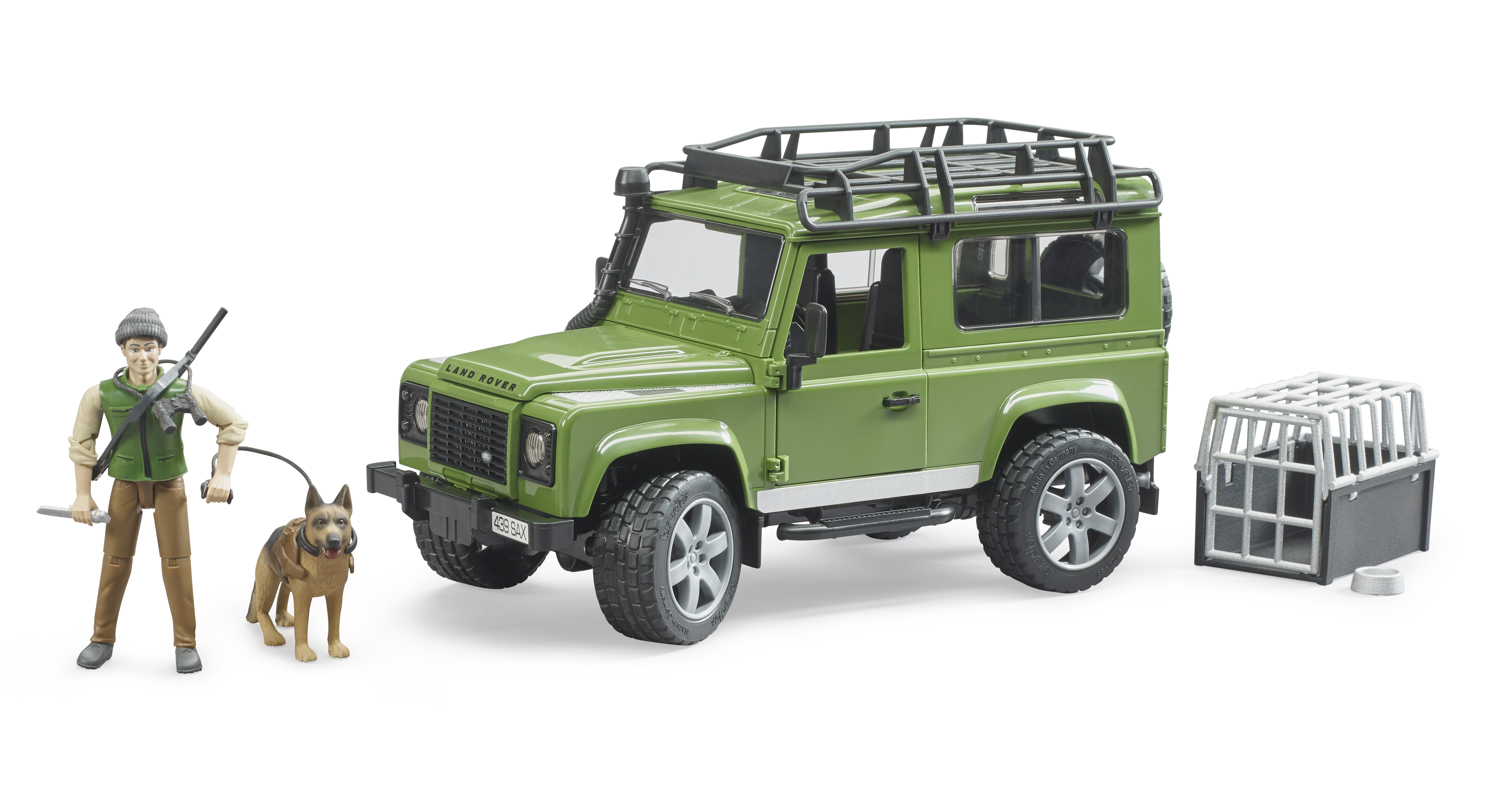 Land Rover Defender Station Wagon mit Förster und Hund Modell von Bruder 1:16