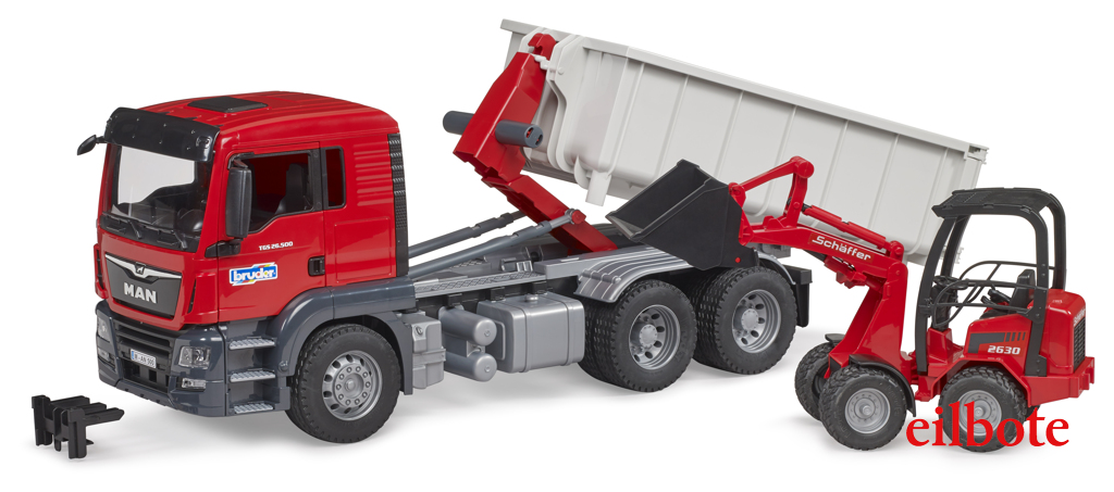 MAN TGS Lkw mit Abrollcontainer und Schäffer Hoflader 2630-1