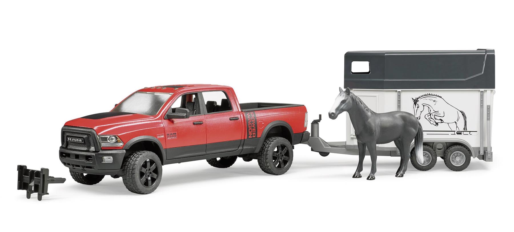 RAM 2500 Power Wagon mit Pferdeanhänger und 1 Pferd Modell von Bruder 1:16