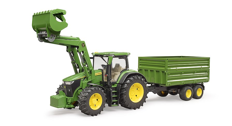 John Deere 7R 350 mit Frontlader und Tandemachstransportanhänger