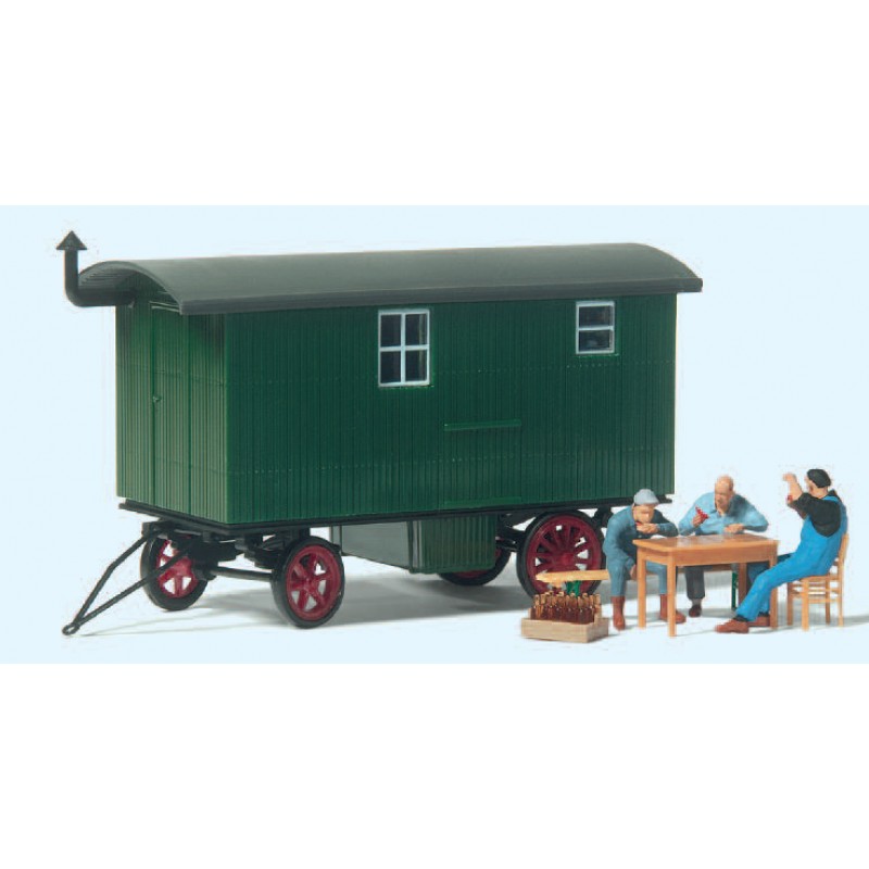 Bauarbeiter in der Pause mit Bauwagen und Zubehör Modell von Preiser 1:87