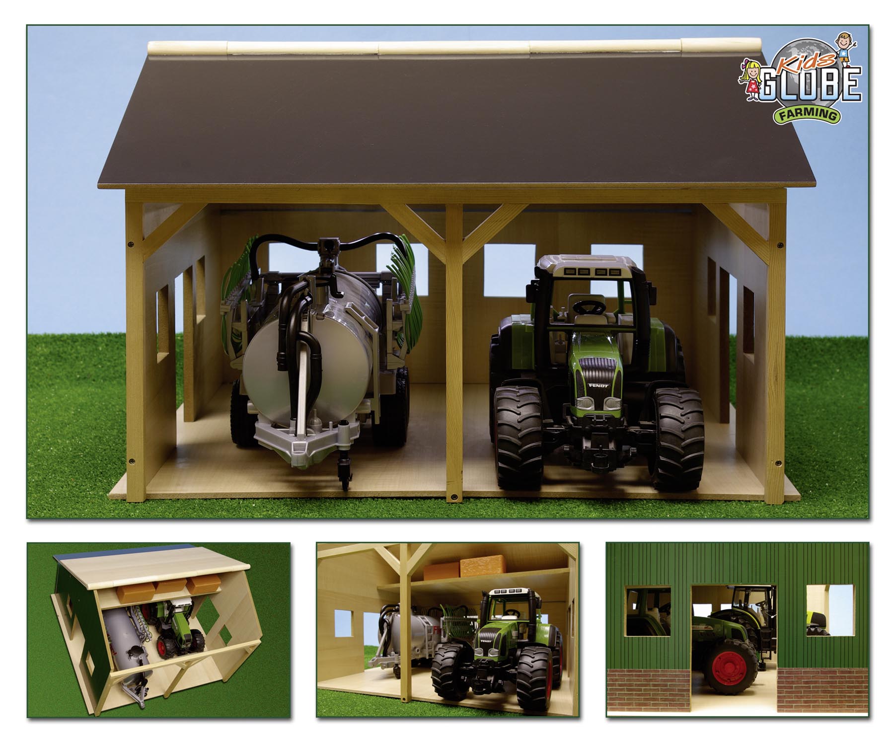 Maschinenhalle aus Holz für 2 Traktoren Modell von Kids Globe 1:16